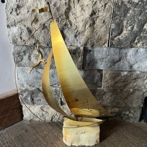 Vintage Sailboat Sculpture on Onyx signed by CA Artist DerMott, 1970s